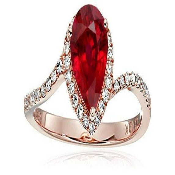 Limited Time Sale:1.25 Carat Red Pear cut Ruby and Halo Diamond Engagement Ring in 10k Rose Gold for Women on Sale