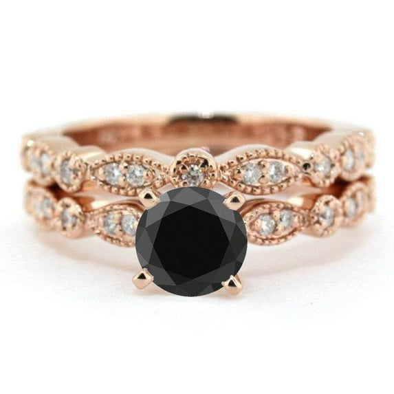 Limited Time Sale: 1.25 carat Round Cut Black White Diamond Bridal Wedding Engagement Ring Set in 10k Rose Gold