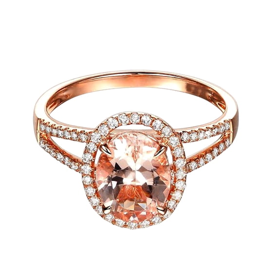 Limited Time Sale 1.50 Carat Oval Cut Morganite And Diamond Halo Engagement Ring In 10K Rose Gold, Promise Ring, Anniversary Ring