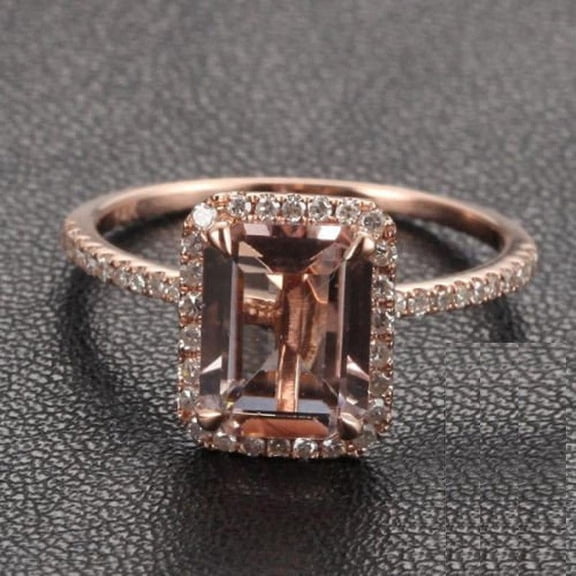 Limited Time Sale: 1.50 Carat Peach Pink Morganite (emerald cut Morganite) and Diamond Engagement Ring in 10k Rose Gold