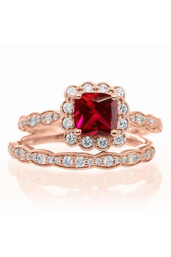 Limited Time Sale: 1.50 Carat Red Ruby (Princess cut Ruby) and Diamond Engagement Bridal Wedding Ring Set in 10k Rose Gold