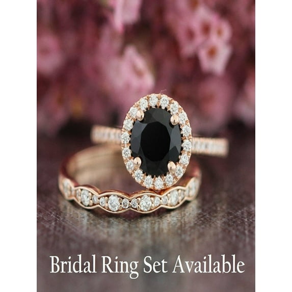 Limited Time Sale 1.50 carat Black Diamond Halo Bridal Ring Set Wedding Ring Set in 10k Rose Gold for Women on Affordable price