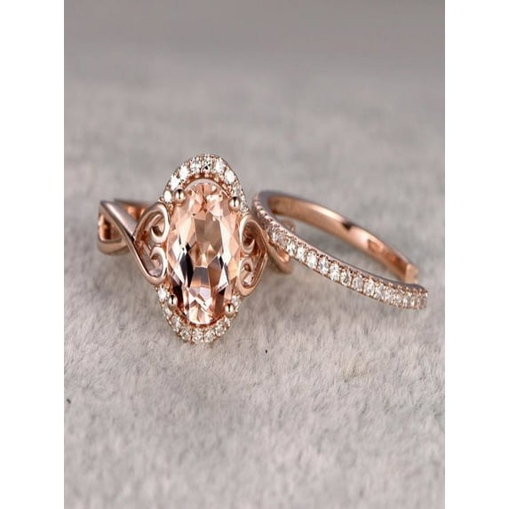 Limited Time Sale 1.50 carat Morganite & Diamond Wedding Bridal Ring Set in 10k Rose Gold, One Engagement Ring & Wedding Band