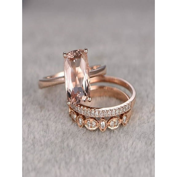 Limited Time Sale 1.50 carat Morganite and Diamond Trio Ring Set in 10k Rose Gold with One Engagement Ring and 2 Wedding Bands