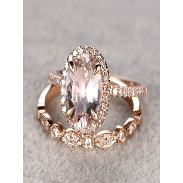 Limited Time Sale 1.50 carat Morganite and Diamond Wedding Bridal Ring Set in 10k Rose Gold, One Engagement Ring & Wedding Band