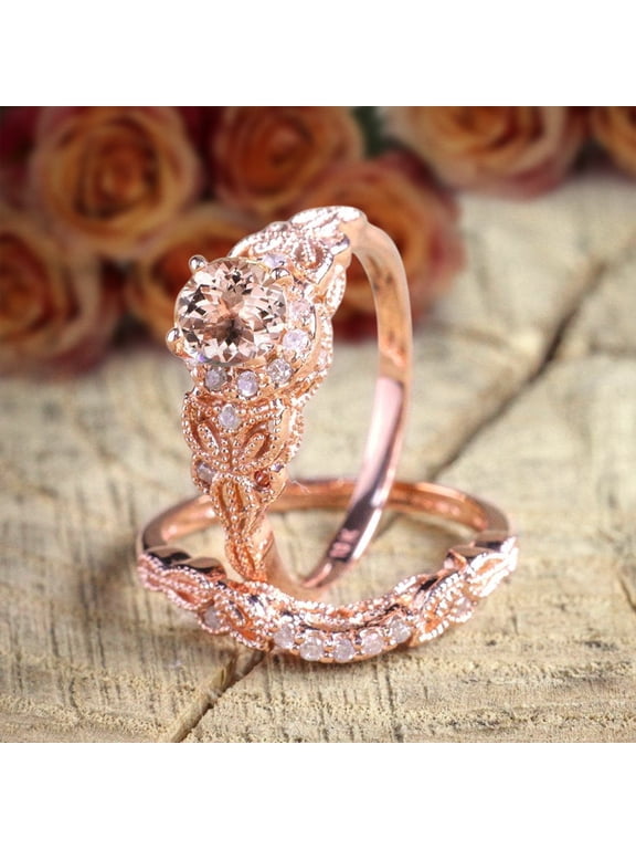 Limited Time Sale 1.50 carat Round Cut Morganite Diamond Halo Bridal Wedding Ring Set with 18k Gold Plating