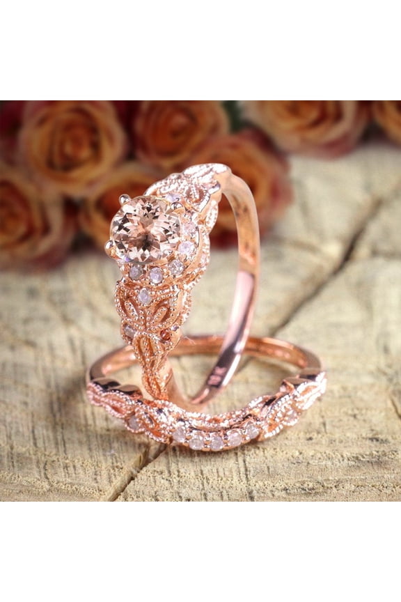 Limited Time Sale 1.50 carat Round Cut Morganite Diamond Halo Bridal Wedding Ring Set with 18k Gold Plating