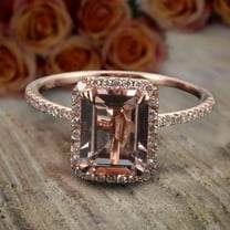 Limited Time Sale: 1.75 Carat Peach Pink 7x5mm Emerald Cut Morganite Diamond Moissanite Engagement Ring with 18k Gold Plating