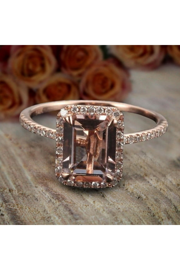 Limited Time Sale: 1.75 Carat Peach Pink 7x5mm Emerald Cut Morganite Diamond Moissanite Engagement Ring with 18k Gold Plating