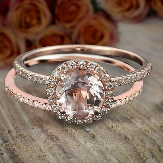 Limited Time Sale 2.25 Carat 6mm Round Cut Morganite and Diamond Moissanite Halo Bridal Wedding Ring Set with 18k Gold Plating