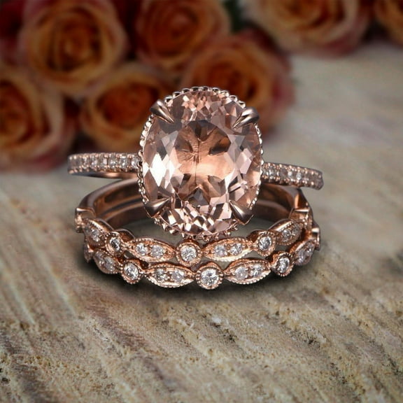 Limited Time Sale 2.75 Carat 8x6mm Oval Cut Morganite and Diamond Moissanite Trio Ring Set with One Engagement Ring and 2 Wedding Bands with 18k Gold Plating