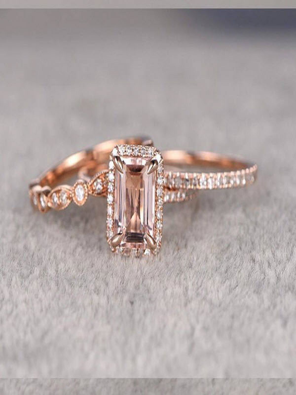 Limited Time Sale 2 Carat Morganite And Diamond Moissanite Trio Ring Set In 10K Rose Gold With One Engagement Ring And 2 Wedding Bands - image 1 of 2
