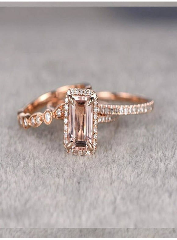 Limited Time Sale 2 Carat Morganite And Diamond Moissanite Trio Ring Set In 10K Rose Gold With One Engagement Ring And 2 Wedding Bands