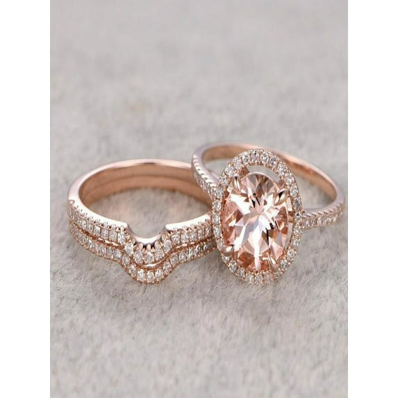 Limited Time Sale 2 Carat Morganite And Diamond Moissanite Trio Ring Set In 10K Rose Gold With One Engagement Ring And 2 Wedding Bands