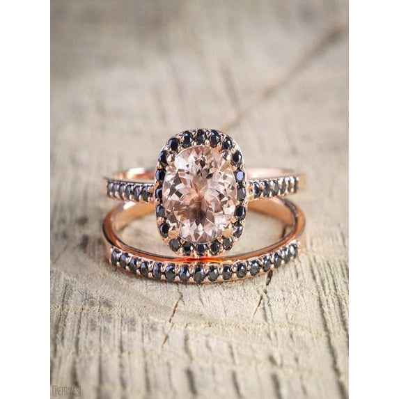 Limited Time Sale 2 Carat Peach Pink Morganite (Round cut) and Black Diamond Engagement Bridal Wedding Ring Set in 10k Rose Gold