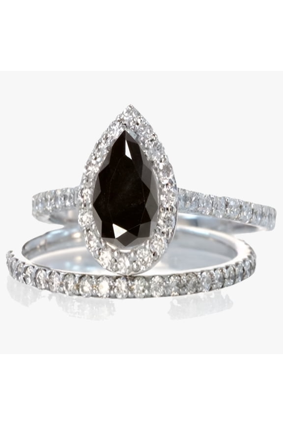 Limited Time Sale: 2 Carat Pear Cut Black and White Diamond Halo Bridal Wedding Engagement Ring Set for Woman in 10k White Gold