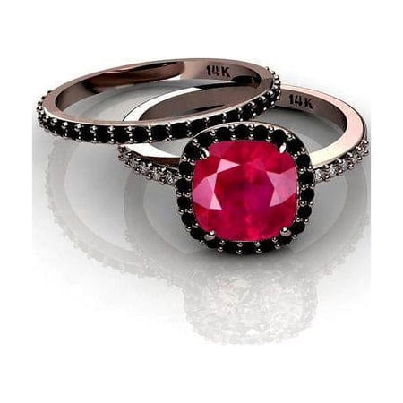 Limited Time Sale: 2 Carat Red Ruby (Round cut Ruby) and Black Diamond Engagement Bridal Wedding Ring Set in 10k Rose Gold