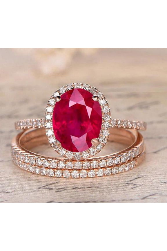 Limited Time Sale: 2 Carat Red Ruby (oval cut Ruby) and Diamond Engagement Bridal Trio Wedding Ring Set in 10k Rose Gold