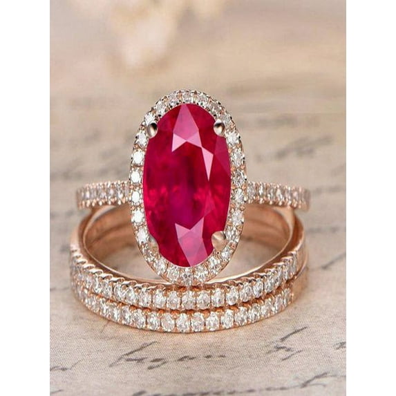 Limited Time Sale: 2 Carat Red Ruby (oval cut Ruby) and Diamond Engagement Bridal Trio Wedding Ring Set in 10k Rose Gold