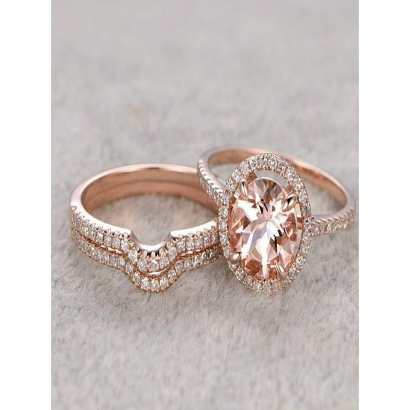 Limited Time Sale 2 carat Morganite and Diamond Trio Ring Set in 10k Rose Gold with One Engagement Ring and 2 Wedding Bands