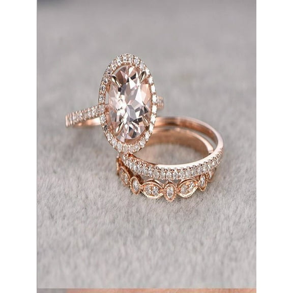 Limited Time Sale 2 carat Morganite and Diamond Trio Ring Set in 10k Rose Gold with One Engagement Ring and 2 Wedding Bands