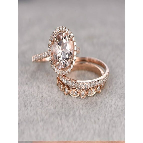 Limited Time Sale 2 carat Morganite and Diamond Trio Ring Set in 10k Rose Gold with One Engagement Ring and 2 Wedding Bands