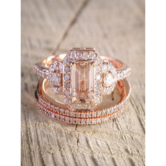 Limited Time Sale 2 carat Morganite and Diamond Trio Ring Set in 10k Rose Gold with One Engagement Ring and 2 Wedding Bands