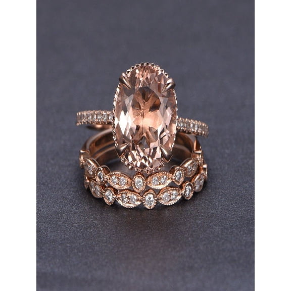 Limited Time Sale 2 carat Morganite and Diamond Trio Ring Set in 10k Rose Gold with One Engagement Ring and 2 Wedding Bands