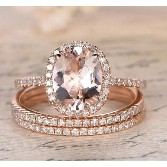 Limited Time Sale 2 carat Morganite and Diamond Trio Ring Set in 10k Rose Gold with One Engagement Ring and 2 Wedding Bands