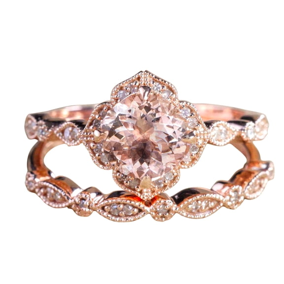 Limited Time Sale 2 carat Round Cut Morganite and Diamond Halo Bridal Wedding Ring Set 10k Rose Gold