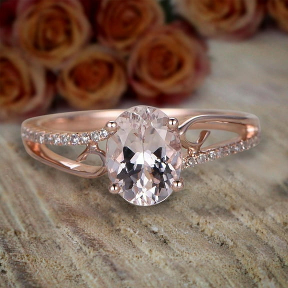 Limited Time Sale Antique 1.75 Carat 8x6mm Oval Cut Peach Pink Morganite and Diamond Moissanite Engagement Ring with 18k Gold Plating