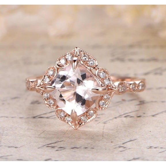 Limited Time Sale Antique 2 Carat 6mm Princess Cut Morganite and Diamond Moissanite Engagement Ring for Women with 18k Gold Plating