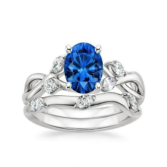 Limited Time Sale Antique Affordable 1.50 Carat Sapphire and Diamond Moissanite Wedding Ring Set Engagement Bridal Ring in 10k White Gold
