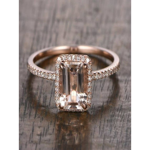 Limited Time Sale: Antique Halo 1.50 Carat Peach Pink Morganite (emerald cut Morganite) Diamond Engagement Ring in 10k Rose Gold