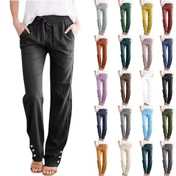 Limited Time Sale, BiZtdJrK Linen Pants for Women Summer Casual Drawstring Elastic Waist Trousers Button Decoration Straight Leg Pant with Pockets Beige XXXL