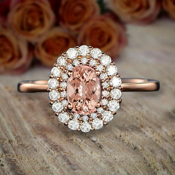 Limited Time Sale Double Halo 2 Carat 8x6mm Oval Cut Morganite and Diamond Moissanite Engagement Ring with 18k Gold Plating