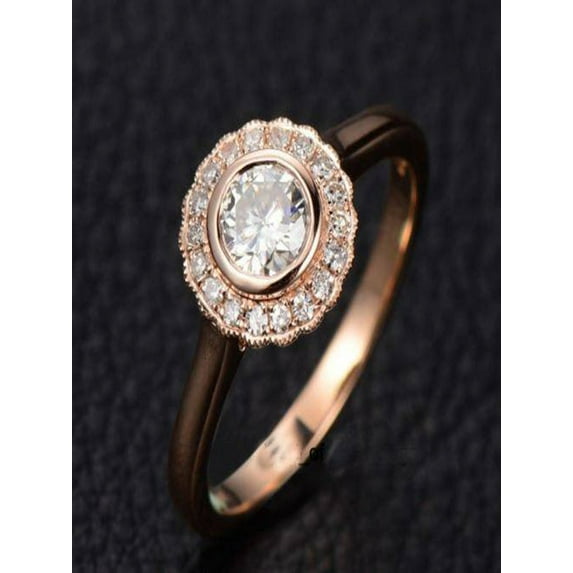 Limited Time Sale Half carat Antique design Halo Round Diamond Engagement Ring in 10k Rose Gold for Women