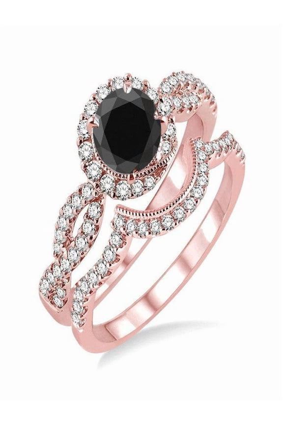 Limited Time Sale Infinity 1.50 Carat Black and White Round cut Diamond Bridal Set in 10k Rose Gold Wedding Engagement Ring Set