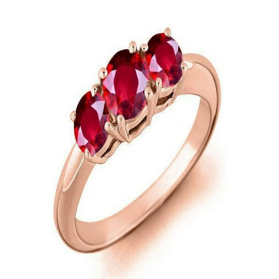 Limited Time Sale: Trilogy Three Stone 1 Carat Red Ruby Engagement Ring in 10k Rose Gold for Women on Sale