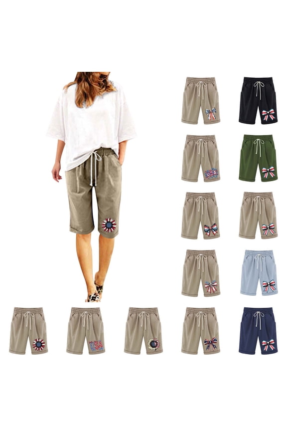 Sales Today! QATAINLAV Womens Knee Length Bermuda Shorts for Summer Linen Wide Leg Beach Shorts with Pockets 4th of July Patriotic Cute Short Pants Black XL