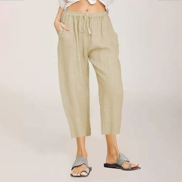 Limited Time Savings, Women Casual Cotton Linen Drawstring Elastic Waist Wide Leg Pants Cropped Trousers | Sopatenor, Khaki 4XL