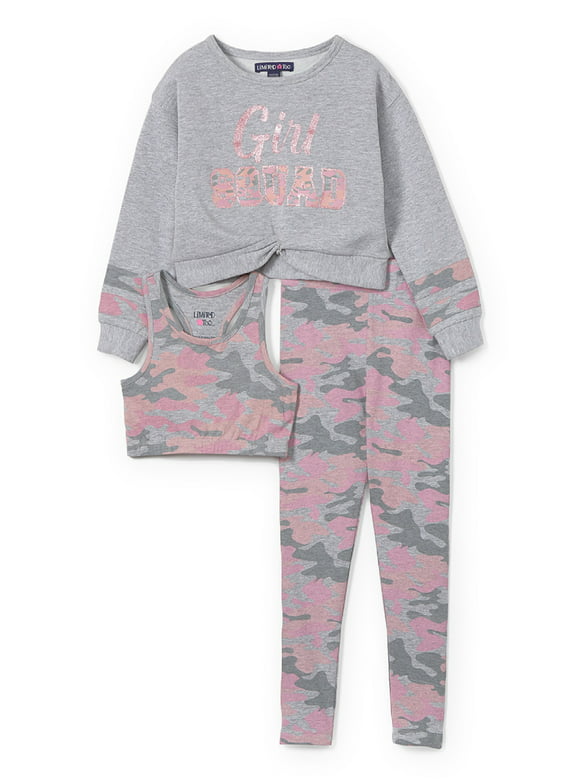 Limited Too Girls Activewear Pullover Sweater, Leggings, and Sports Bra, 3-Piece Active Set, Sizes 4-6X