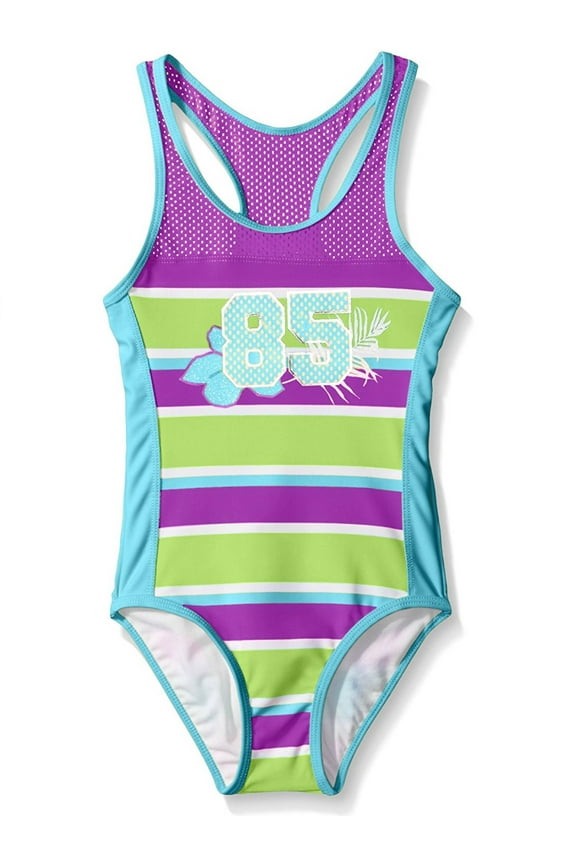 Girls' Bold Striped One-Piece Swimsuit with Mesh, Purple/Green, Size 7/8