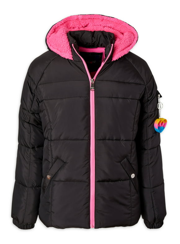 Limited Too Girls Solid Puffer Coat with Sherpa Fleece Lined Hood and Pop It Keychain, Sizes 4-16
