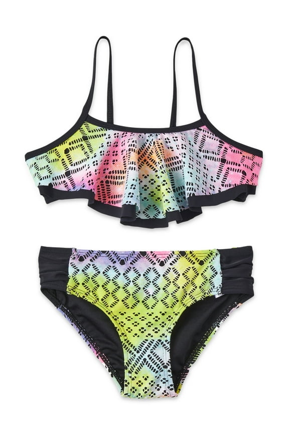 Girls Tie Dye Crochet Lace Two Piece Flounce Swimsuit, Sizes 4-16