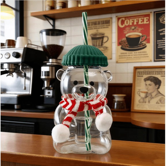 Limited edition glass bear cup with scarf, barista bear cup, cold drink
