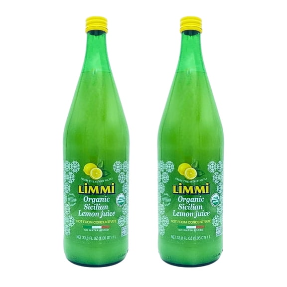 Limmi Sicilian Organic Lemon Juice, 33.8 Fl Oz, 100% Juice Not from Concentrate, Glass Bottle, 2 Pack
