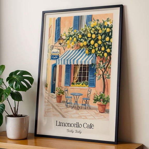 Limoncello Café Italian Wall Art Sicily Poster Mediterranean Kitchen Decor Lemon Tree Print Poster Sunny Coffee Shop Illustration Travel Poster, Size 12x18 UNFFRAMED F03.1.6l1651