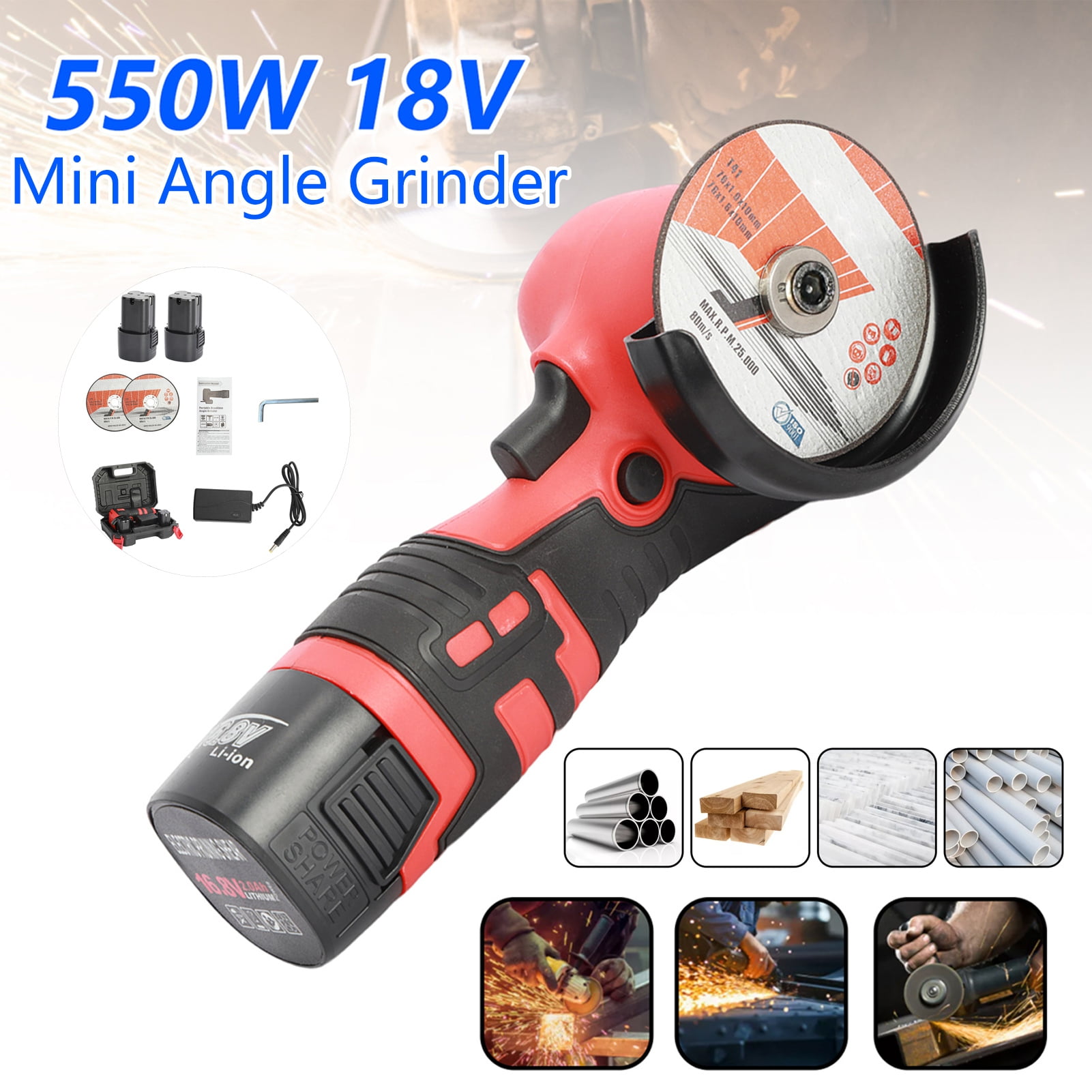 Limorve 18V Mini Cordless Angle Grinder Powerful Motor High Speed Non Slip Handle Battery operated Low Noise 550W 19500rpm Angle Grinder for Metal