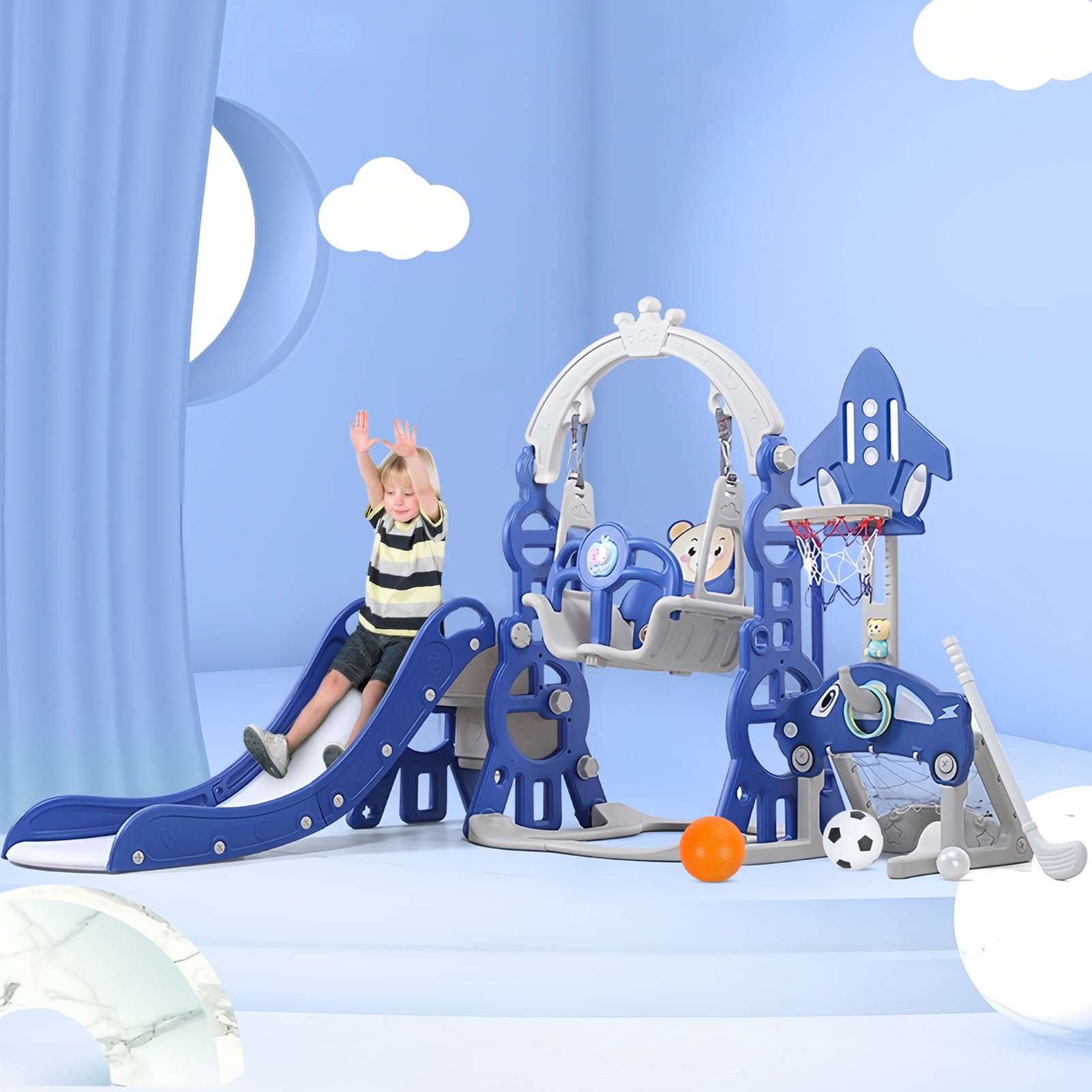 Blue 5-in-1 Indoor Plastic Slide and Swing Set